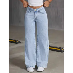 Classic High-Waisted Wide Leg Jeans - Women Jeans, Cotton Blend, Polyester, Viscose, Machine Washable, No Stretch, Solid Color, Four Seasons, Zipper Closure, Casual Outwear