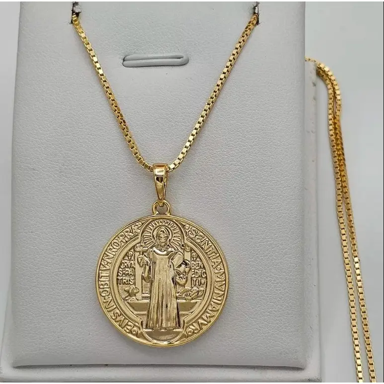 14K Gold Plated Saint Benedict Double Sided Pendant. Medalla de San Benito