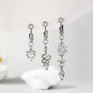 Oufer 3PCS Heart/Flower/Snake Dangle Fake Belly Ring Set