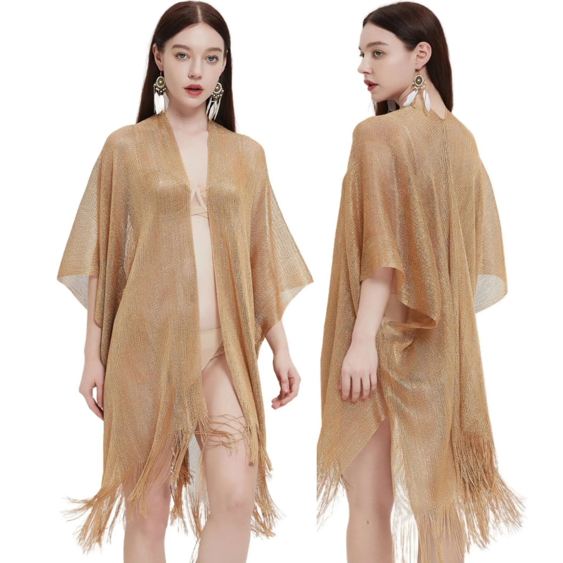 Summer Tassel Split Shawl Thin Cardigan Bikini Cover Up Lightweight Beach Wrap Women's Casual Outerwear