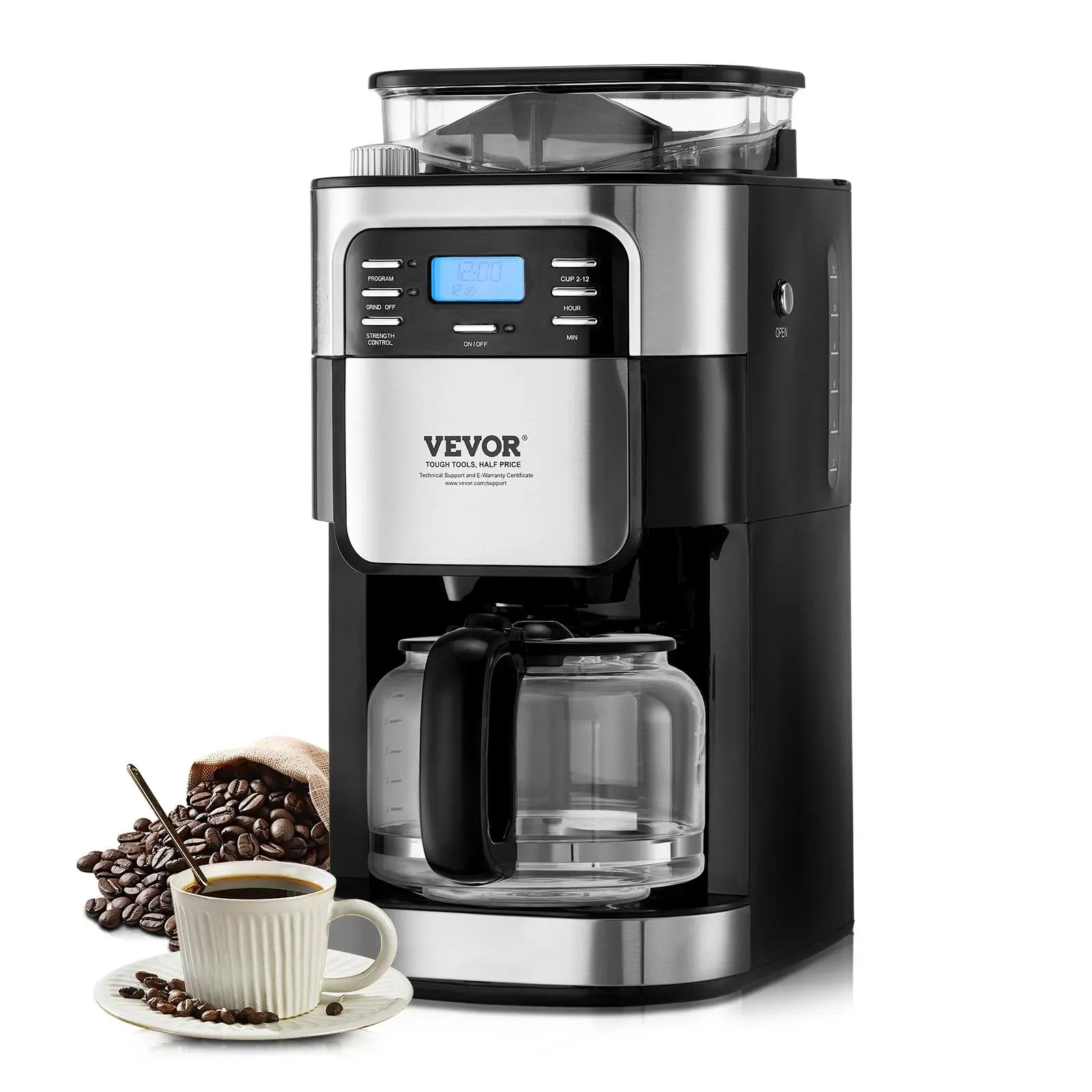 【Backtoschool】VEVOR Coffee Maker with Grinder, 12 Cup Coffee Machine, Grind and Brew Coffee Maker with 3 Brew Strength Control, 24-Hour Timer for Auto Brew, for Home Office Restaurant