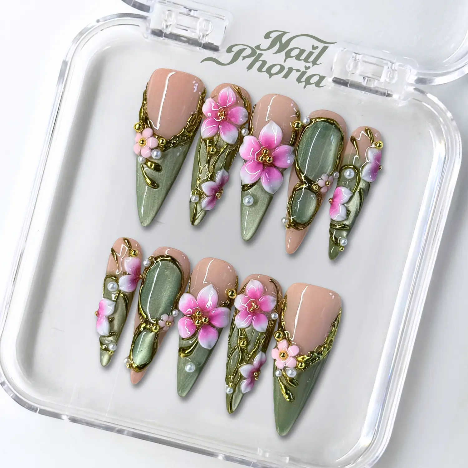 NailPhoria EMERALD MUSE -SUMMER Handmade Press-On Nails | Reusable, Salon-Quality, Long-Lasting, Glossy Design