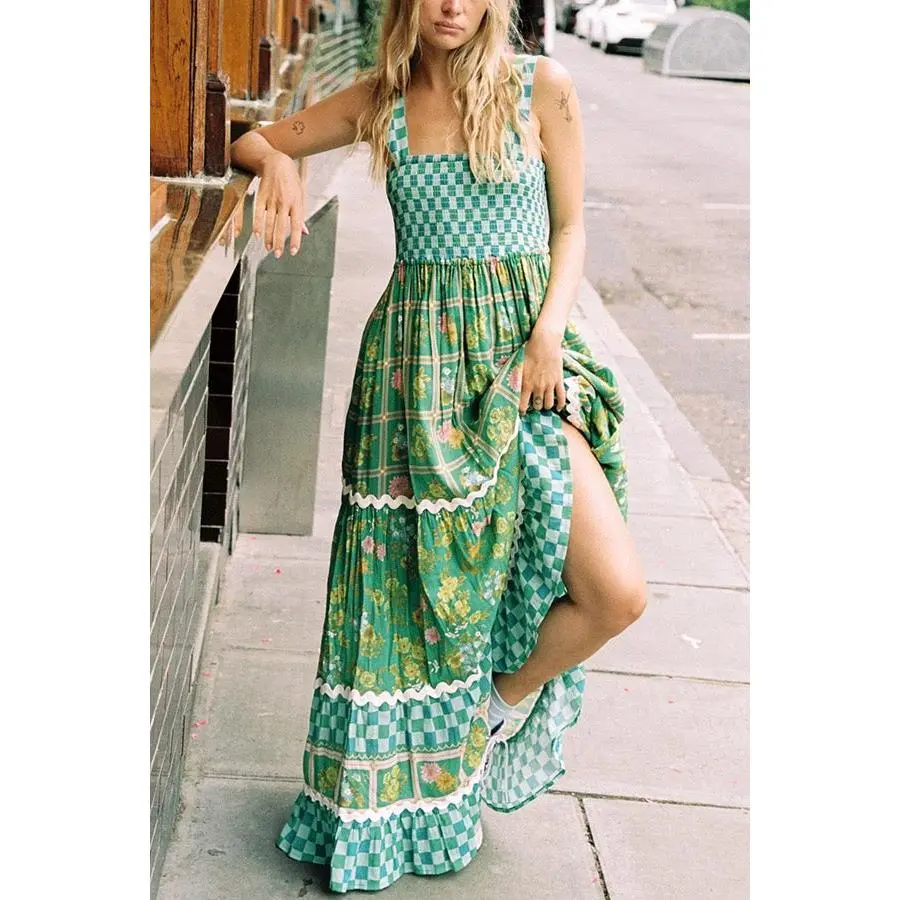Green Checkered Floral Boho Ric Rac Tiered Dress