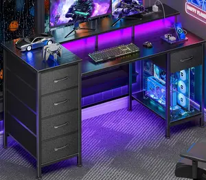 Korfile 47 Inch Gaming Desk with Power Outlets and LED Lights, Reversible Computer Desk with 5 Fabric Storage Drawers, Home Office Desk with Monitor Stand for Working Writing Study, Black