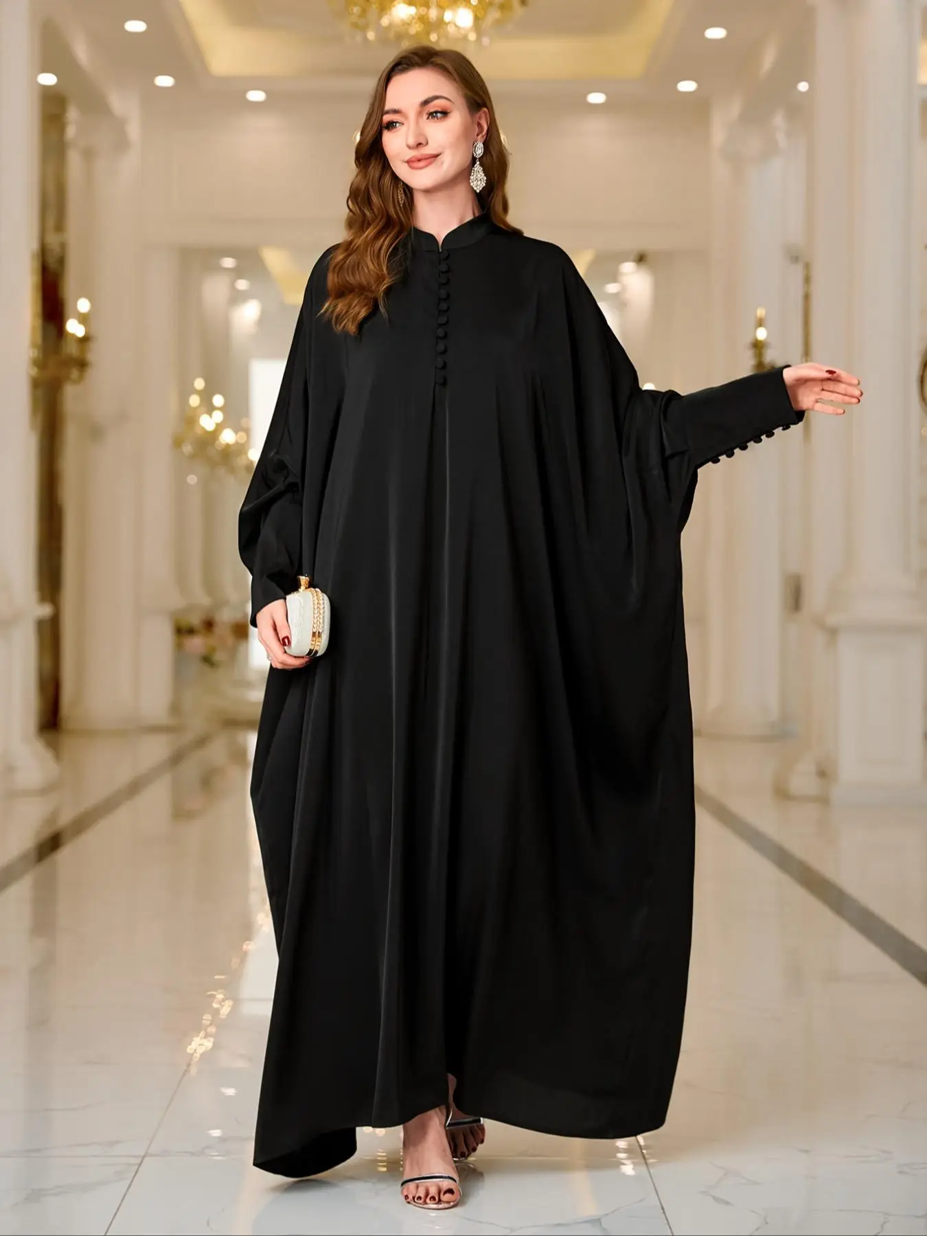 Arabic Clothing-Solid Button Front Batwing Sleeve Kaftan, Modest Mock Neck Long Sleeve Maxi Dress for Women, Women's Islamic Clothing for Spring