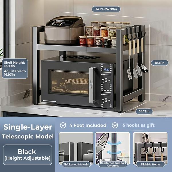 Adjustable Extendable Double-Layer Carbon Steel Microwave Rack, Home Storage Solutions, College Dorm Organization Shelf for Kitchen Countertop Utensils, Dishes & Small Appliances