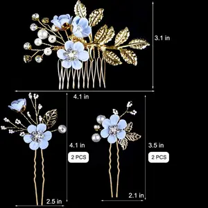 5 Pack Elegant Blue Flower Comb and Hairpin Set for Brides Bridesmaids & Formal Events with Rhinestones Pearls & Petal Design Wedding Hair Accessories