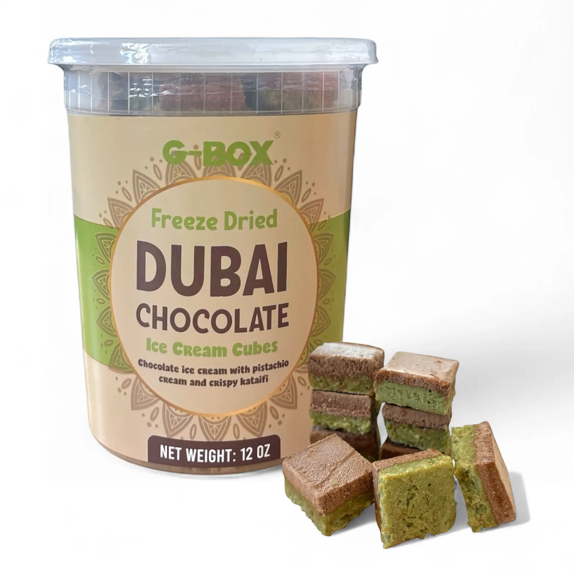 G-BOX Freeze Dried Dubai Ice Cream Cubes - Handmade in USA with Pistachio Cream & Kataifi Dough Chocolates - Nutty Sweet Dessert, Creamy Chocolate Bars for Travel Snacking, Rich Milk Chocolate
