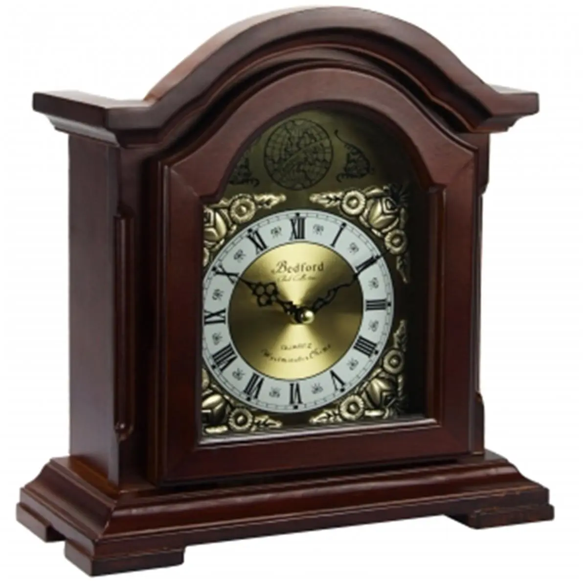 212 MAIN Bedford Collection Handmade Classic Redwood Wooden Analog Wall Clock - Quartz Drive, Multiple Chime Modes, Glass Globe, Black Spade Hands, 3 'AA' Batteries Required, Oak Decor, Bonnet-Style Pediment, Fireplace Accent