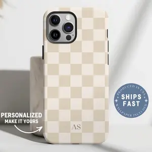 Personalized Beige Phone Case Custom Monogram Phone Case, Checkered Light Brown Phonecase, Checkerboard Phone Case with Initials Checker Case
