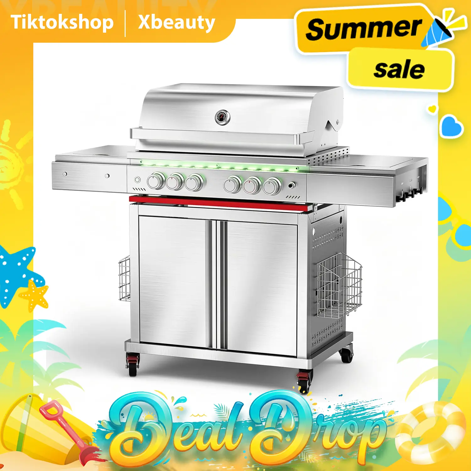 Heavy-duty Propane Gas Grill, SUS304 Stainless Steel 6-Burner BBQ Grill with 4 Main Burners, 1 Infrared Rear Burner, 1 Side Burner and LED Lights, High Performance Outdoor Grilling
