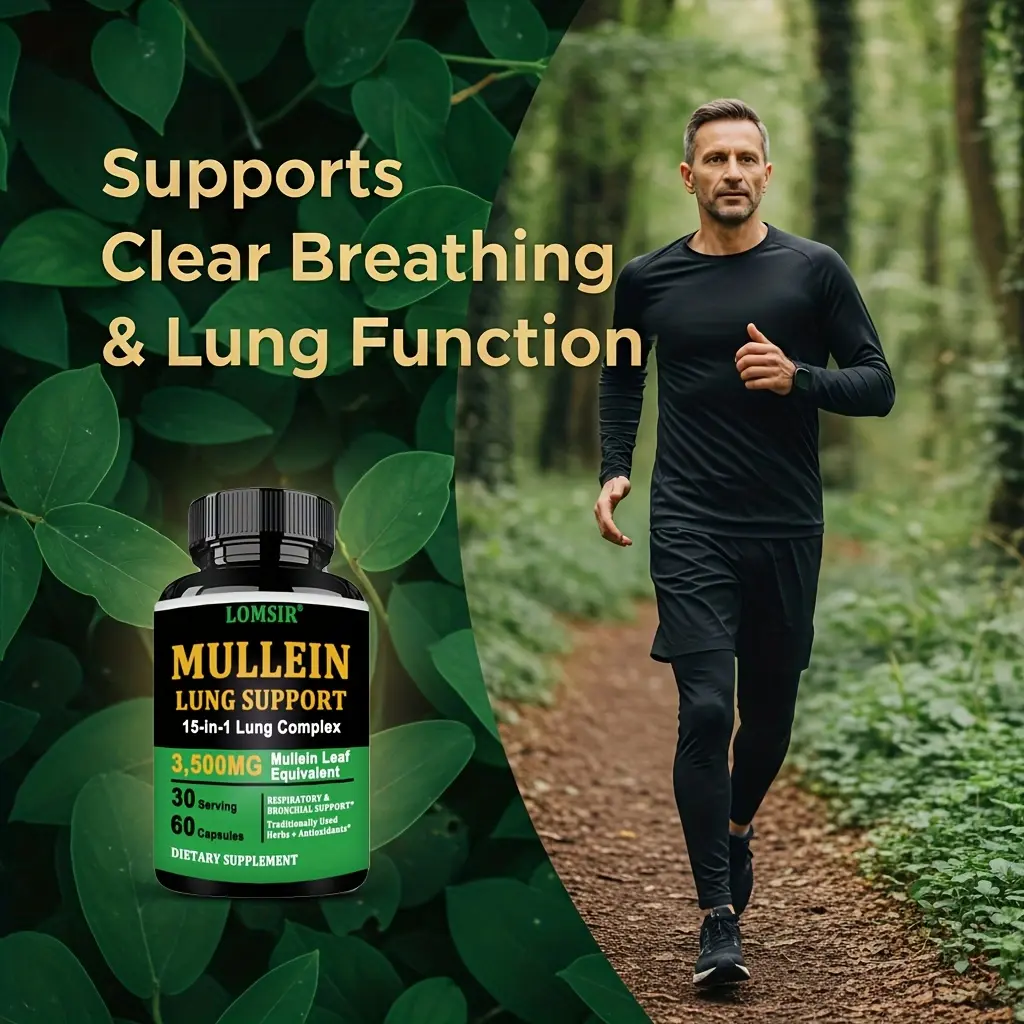 Mullein Lung Support Supplement With Marshmallow Root, Plantain Leaf, Thyme, Peppermint and More - 3,500mg Mullein Leaf Equivalent 15-In-1 Respiratory & Bronchial Support - 60 Capsules