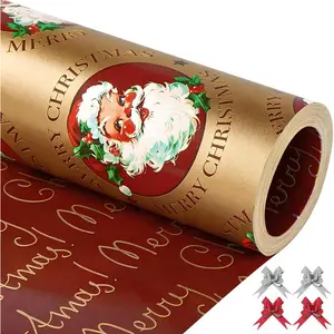 Santa Christmas Wrapping Paper Rolls Set, Matte Funny  Heavy Duty  Traditional  Wrap,Retro Cute Metallic Cartoon from North Pole,Burgundy Red Reversible,Total 28.5sq.ft