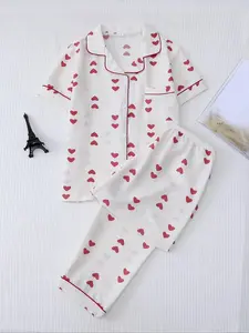 Women's Heart Print Button Front Shirt & Elastic Waist Pants Matching Pajama Set, Comfortable Soft Mean Girls Shortsleeve Lapel Collar Top & Trousers Sleepwear Co-ord Set for Summer Home Wear, Home Womenswear