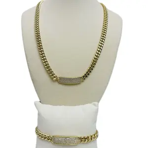Cuban Chain Set with 14k Gold Plated Zirconia Plaque Adjustable Size 20 Necklace and Bracelet High-Quality Jewelry