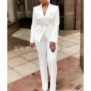 Women Pants Set Two Piece Sets Turn Down Collar White Blazer Elegant Coats Matching Sets Work High Waist Long Pants Suits