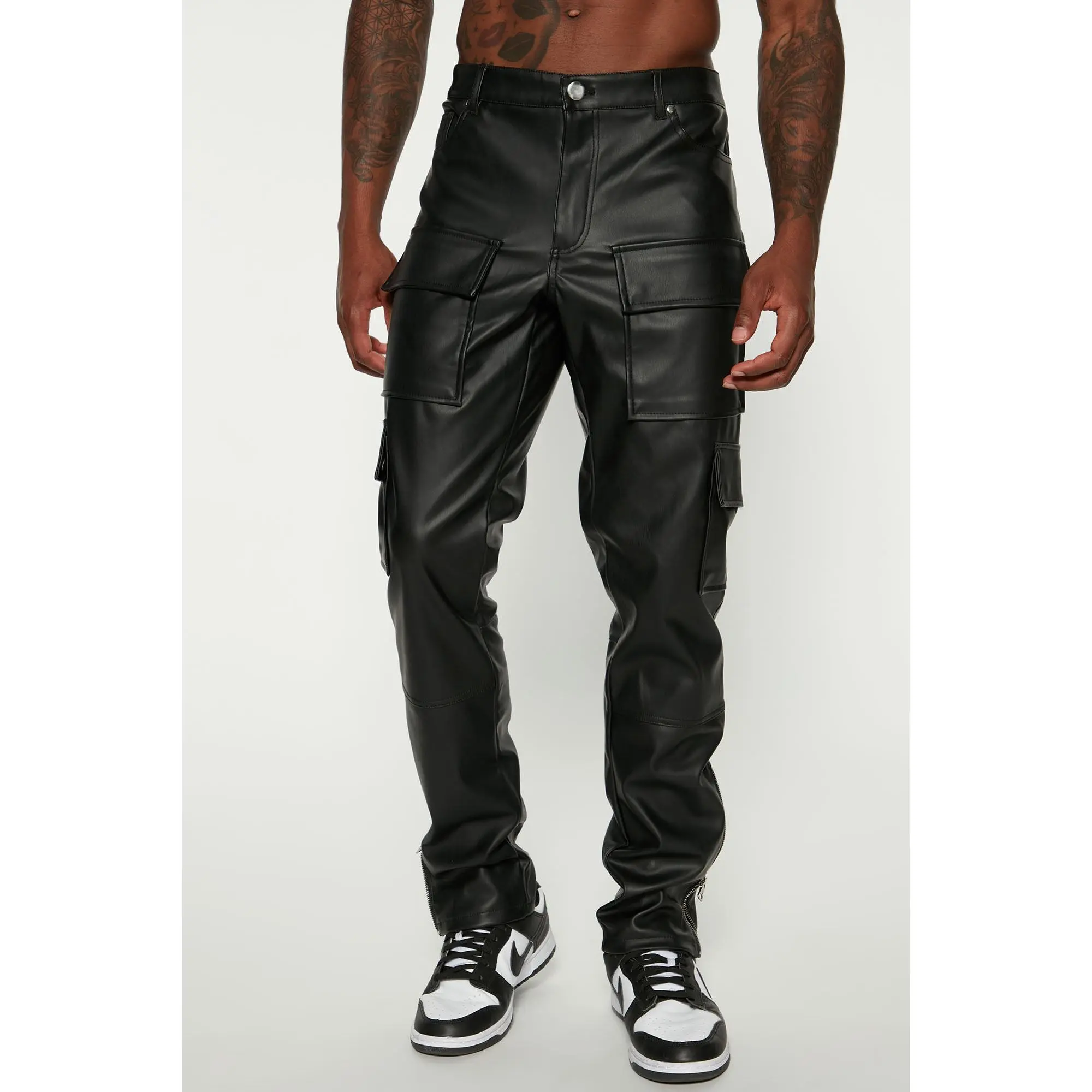 Zip It Faux Leather Slim Cargo Pants - Black