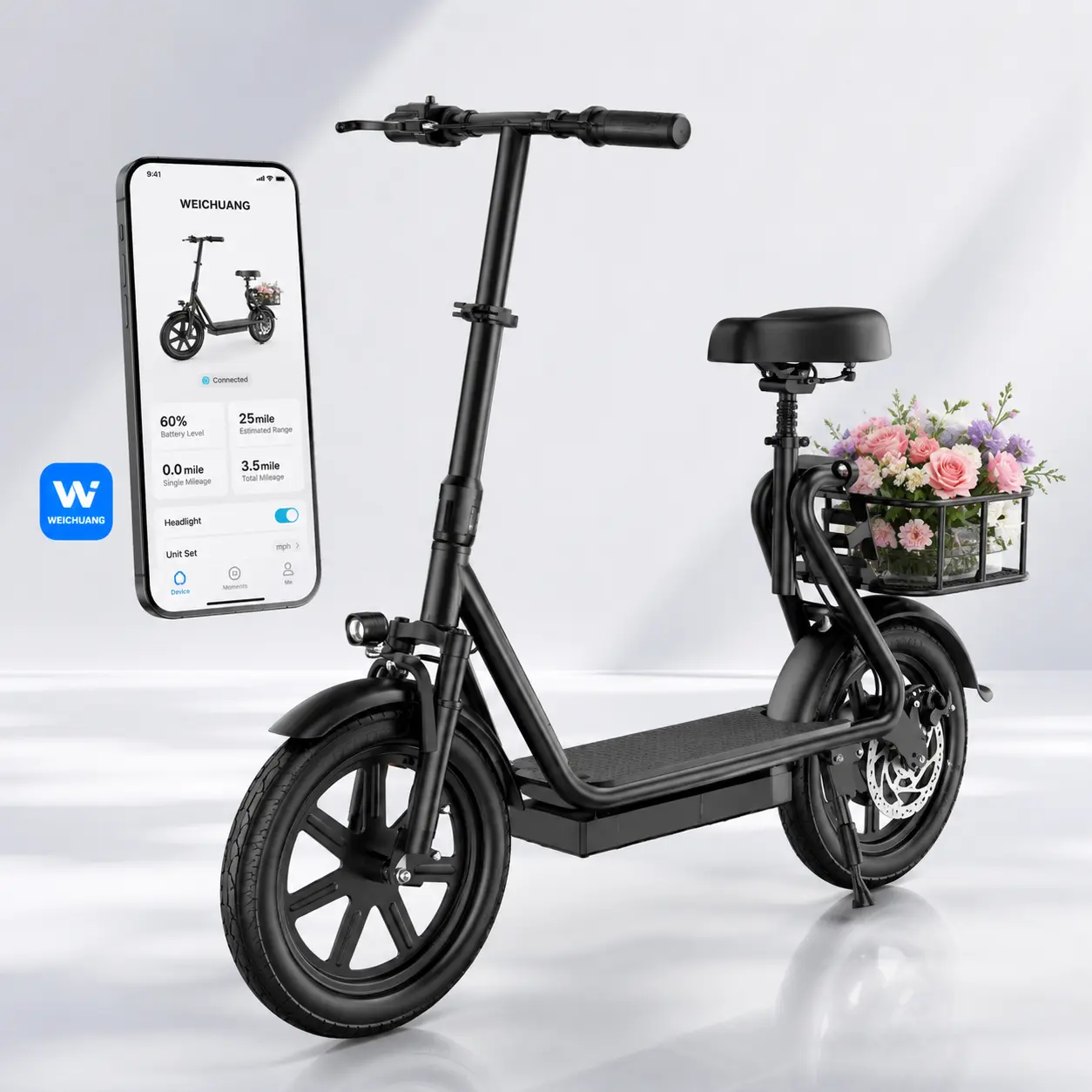 Electric Scooter for Adults with Seat,48V 10.4Ah Battery, Top Speed 22 mph, Driving Range 21-27 Miles, Pet-Friendly Design with Rear Basket
