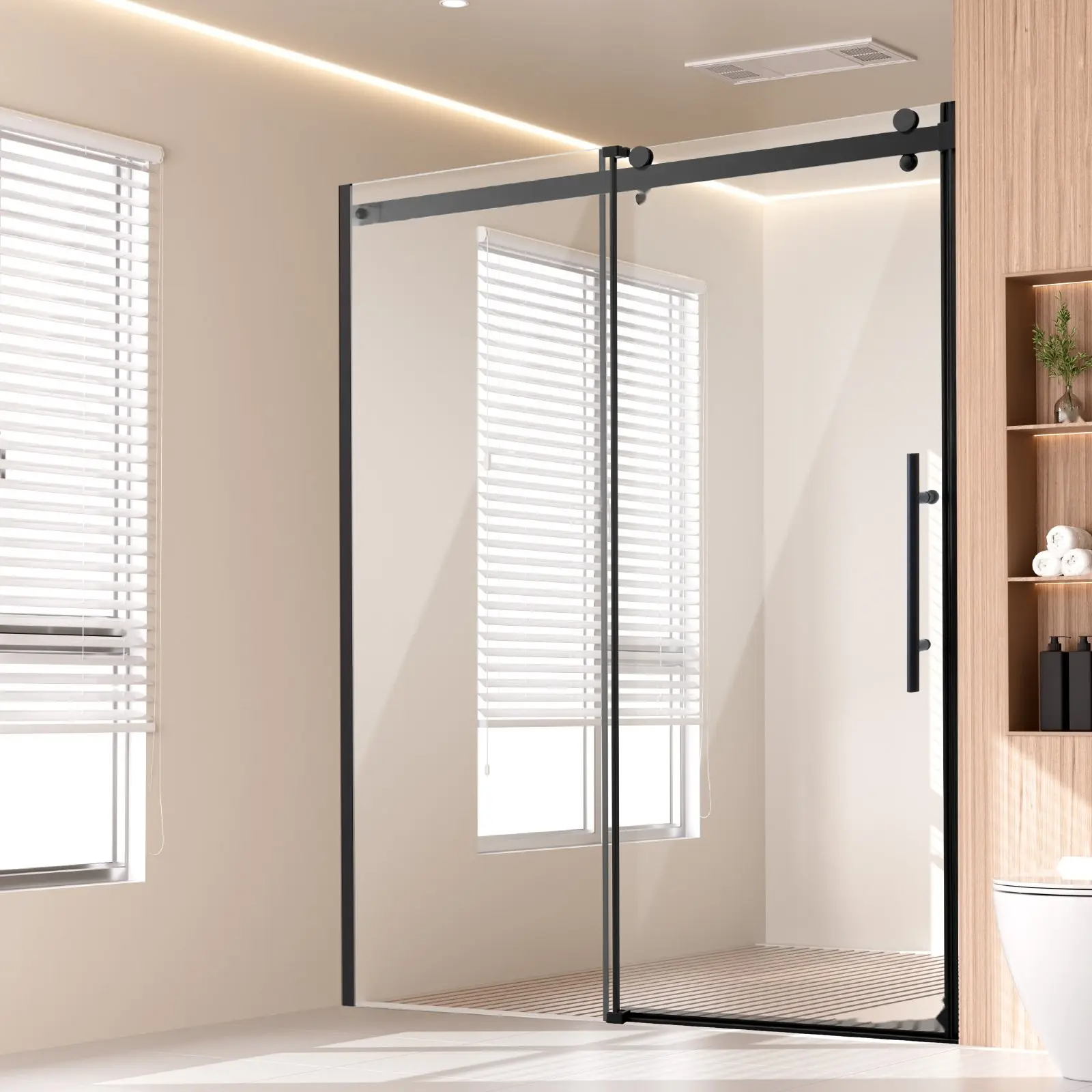 Frameless Shower Door 58-59 X 75 Inches Clear Tempered Glass 5/16 Inch Matte Black Finish, Walk-In Shower Enclosure With Reversible Swing, Stainless Steel Hardware, Sealed Edges, Easy Installation, Modern Bathroom Remodel