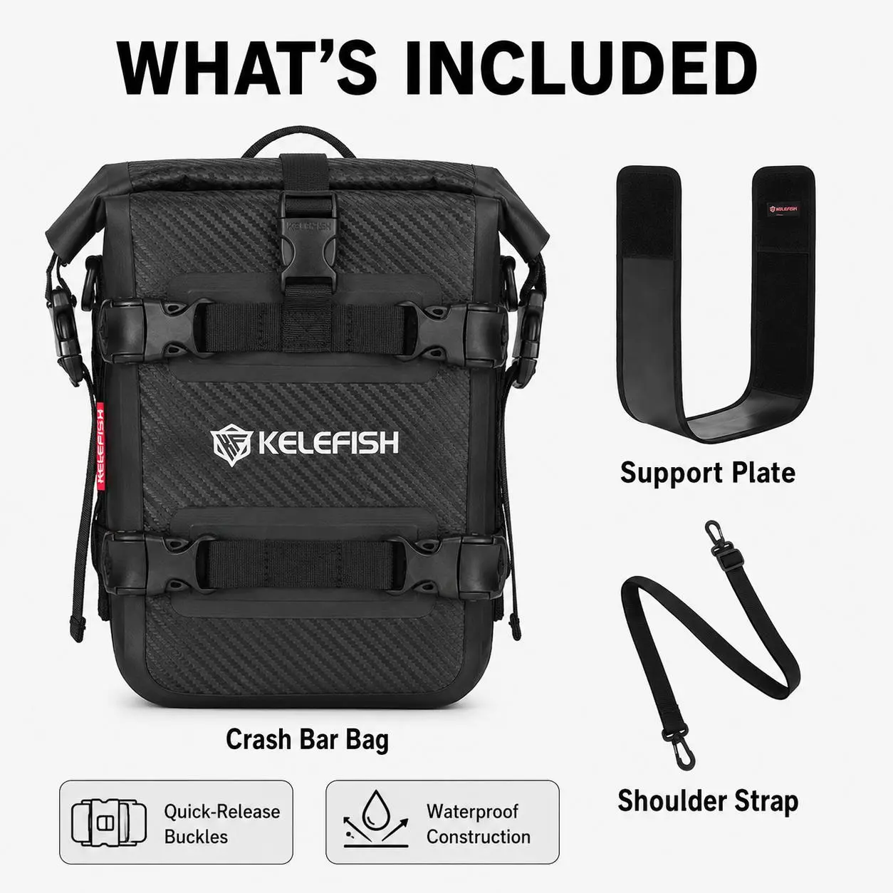 Motorcycle Crash Bar Bag, 8-10L/10-12L Water-Resistant Roll-Top Storage Bag with Support Plate & Shoulder Strap, Adventure Touring Luggage