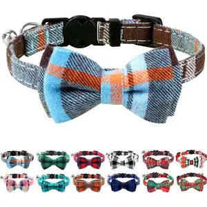 Joytale Upgraded Cat Collar with Bells, Breakaway Cat Collars with Bow Tie, 1 Pack Girl Boy Safety Plaid Kitten Collars, Haze Blue Joytale