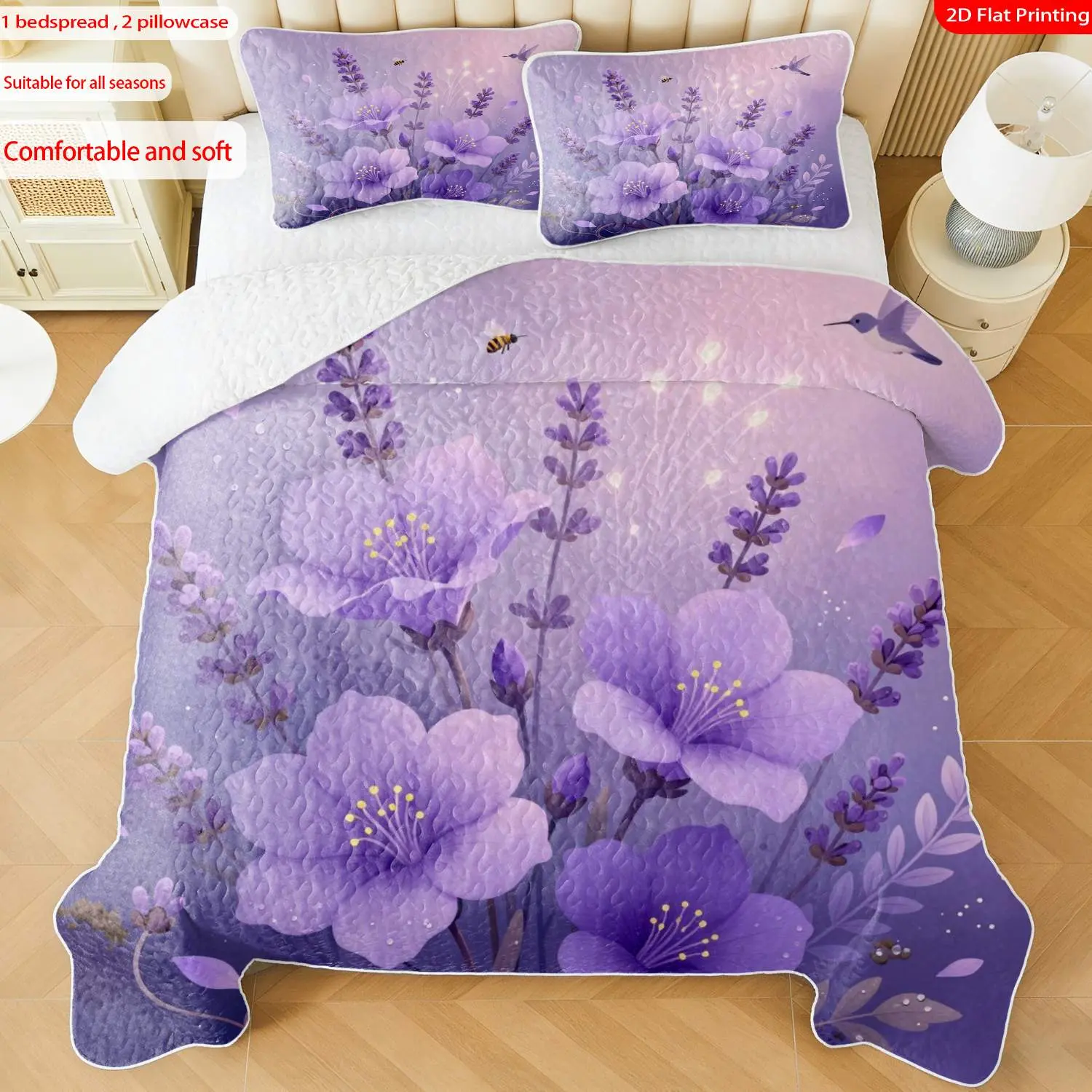 3pcs, 2D flat print Watercolor Purple Floral Bedspread Set with Lavender & Hummingbird, multiple sizes available, bedding set, festive decorative bedding, ideal for bedroom décor(1 bedspread , 2 pillowcase)