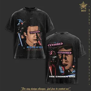 Retro Anakin "Chosen One" Revenge Of The Sith Star Space Galaxy Warriors Edition Double-Printed Oversize Lightweight Acid-Washed Premium Cotton Washed T-Shirt, Classic Soft Relaxed Fit Apparel, TV/Film Graphic Streetwear Menswear Top