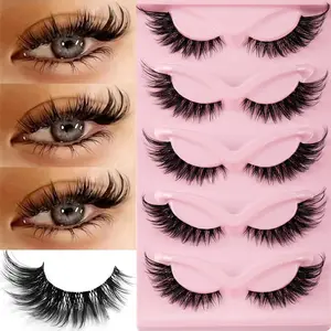 Cat Eye False Eyelashes, 5 Pairs Fluffy Wispy Lightweight Cat Eye Look Faux Cluster Lashes, Flawless Natural Curling Eye Makeup Strip Lashes, Full Volume Eyelash for Lashes Extensions