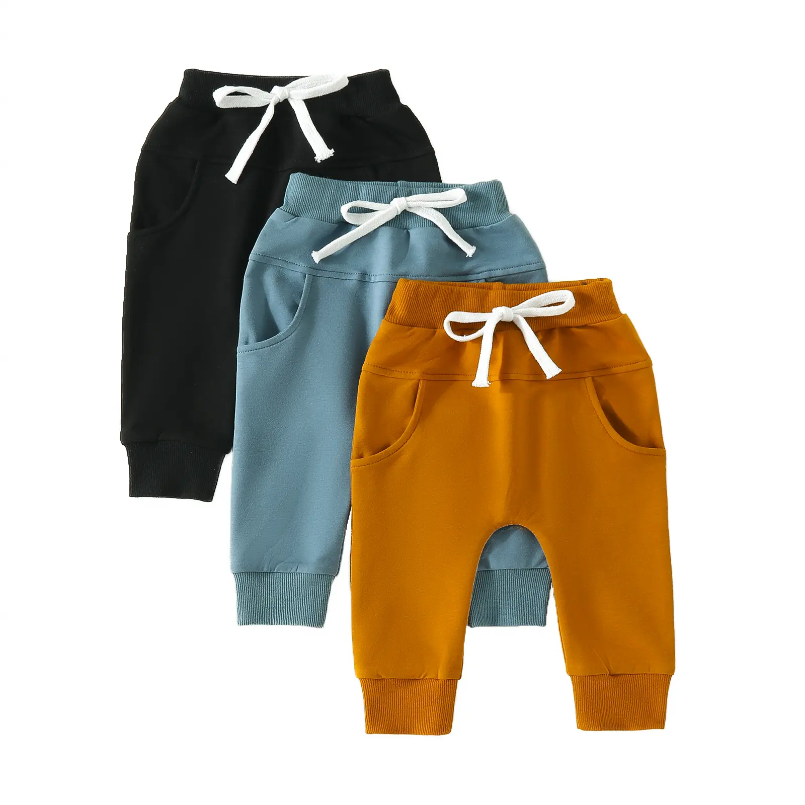 Toddler Newborn Size Baby Boys Harem Pants 3-Pack - Soft Cotton Fall Bottoms, Active Jogger, Casual Athletic Trousers, Solid Color, Pocket, Elastic Waist, 0-6 Months