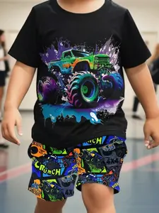 Boys Summer Trendy Short Sleeve Set, Cute Cartoon 3D Car Print, Comfortable Fashion Shortsleeve, All over Print Style