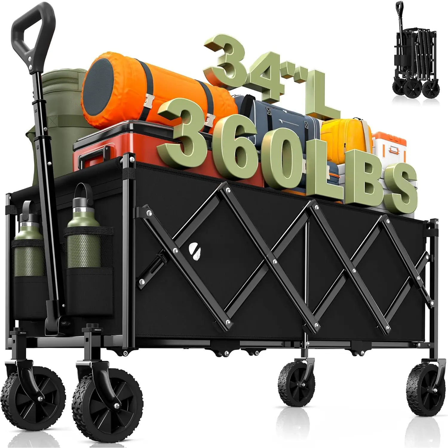 34" Extra Long Collapsible Wagons Carts Foldable 360LBS Heavy Duty Portable Utility Outdoor Wagon for Grocery Shopping Garden Camping Black