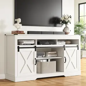 TV Stand for 65+ Inch TV: Farmhouse Entertainment Center with Storage, Wood TV Console Cabinets with Sliding Barn Door, Tall Media with Adjustable Shelves for Living Room, Coastal Fog