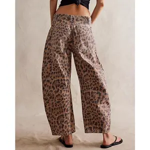 Women's Baggy Barrel Loose Jeans Casual Boyfriend Mid Leopard Printed Wide Leg Denim Tube Pants Vintage Bottom Fashion Jeans Trouser