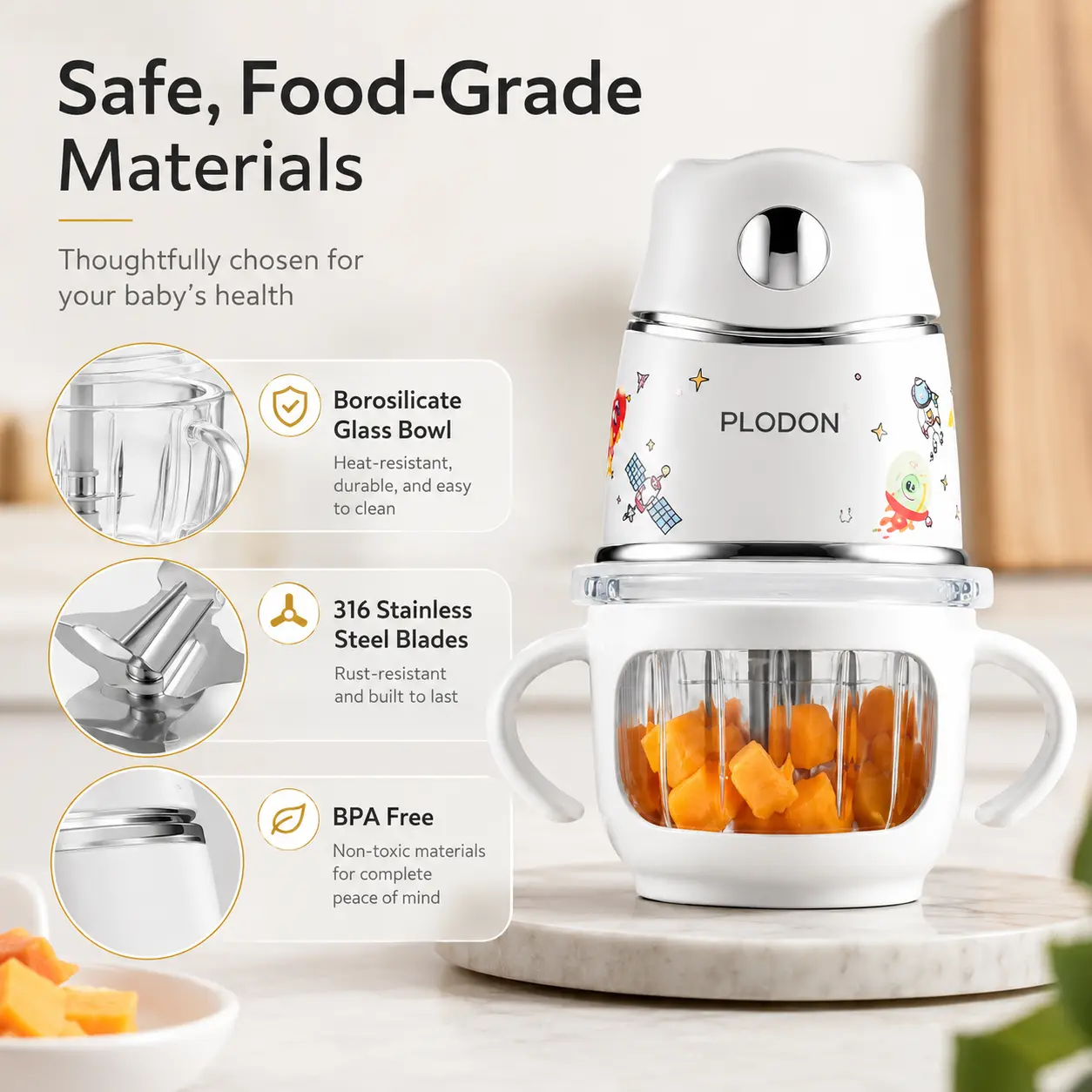 PLODON 10oz Baby Food Maker - Glass Bowl Easy to Use Food Processor with 316 Stainless Steel Blades, 1-Touch Puree Blender for Fruits, Vegetables, BPA-Free Small Batch Meal Prep Tool, Easy To Use Food Processors