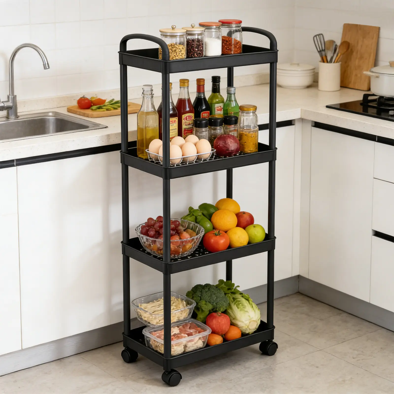 4-Tier Plastic Rolling Utility Cart with Wheels for Storage,White | Multi-Functional Storage Trolley, for Office, Living Room, Kitchen, Bathroom,Movable Organizer,Space-Saving,Easy to assemble