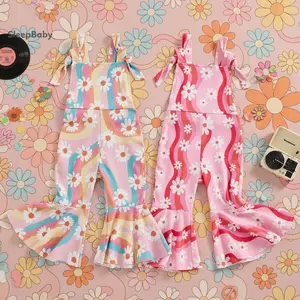Little Girl Bell Bottom Jumpsuit Cute Daisy Print Square Neck Sleeveless Tie Up Romper Infant Toddler Flare Pants Overalls Small Floral And Daisy Overalls