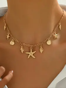 1pc Women's Fashion Pendant Necklace, Vintage Bohemian Beach Style With Sea Star, Shell, Turtle & Multi-Pendant Design, Layered Alloy Clavicle Chain, Party/Holiday Gift, Versatile Accessory