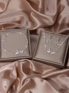 Women Silver Rhinestone Butterfly Bracelet, Necklace, and Earrings Jewelry Set - Jewellery
