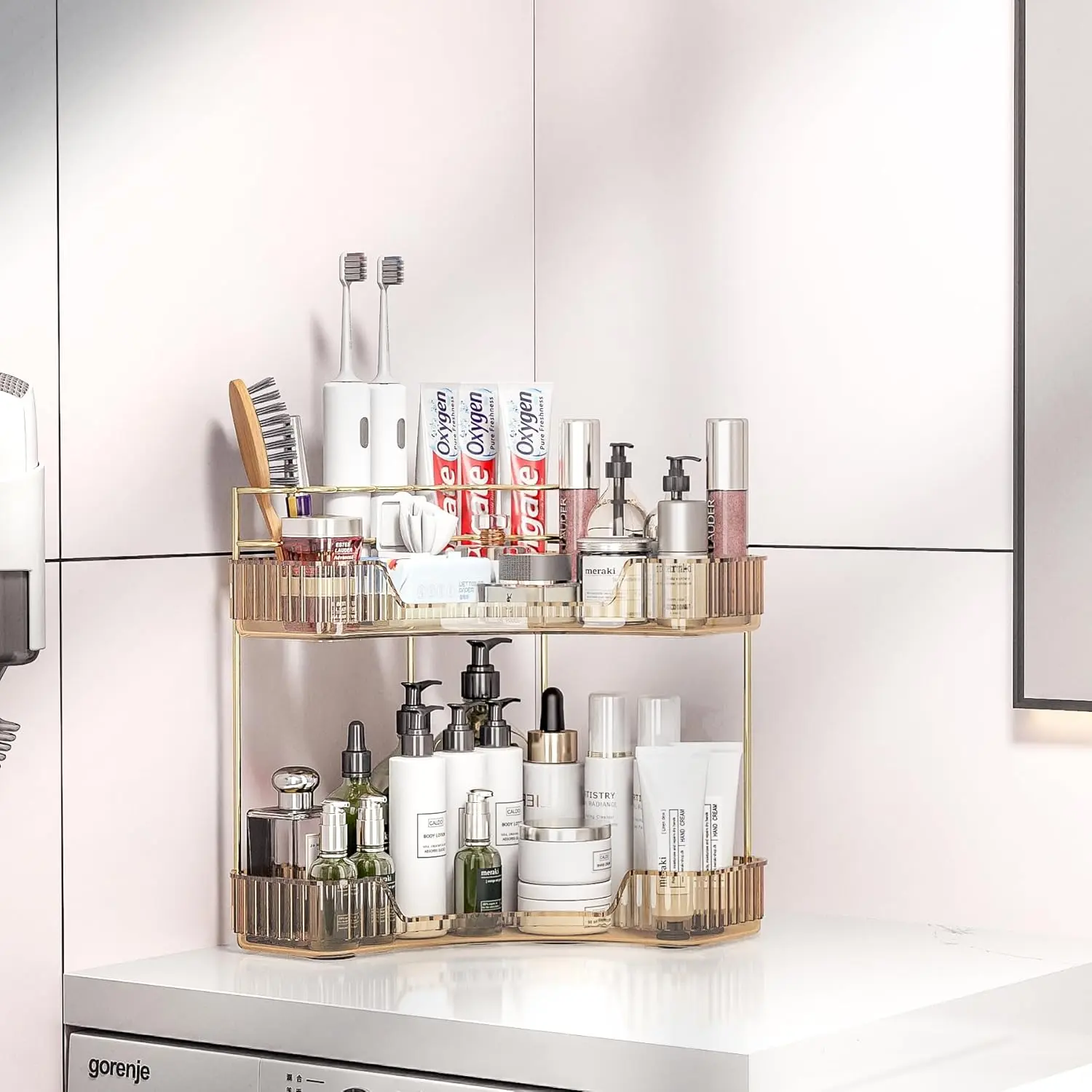 natural summertime 1PC Large Capacity Three-layer Bathroom Corner Storage Rack, Cosmetics Storage Rack, Electric Toothbrush Storage Rack, Space Saving, Lightweight And Durable, Suitable For Use In Bathrooms, Bedrooms, And Kitchens.