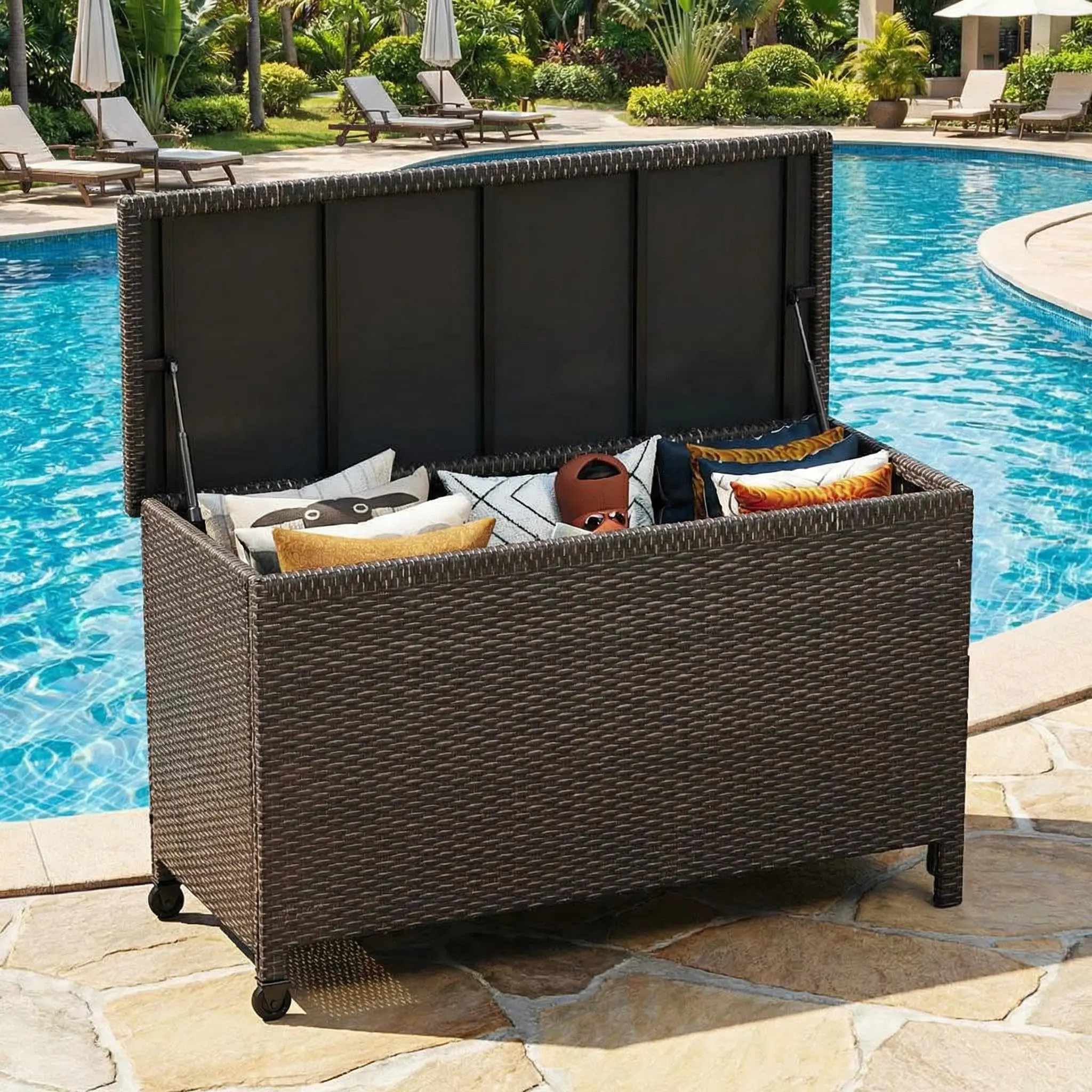 120 Gallon Extra Large Outdoor Rattan Deck Storage Box – Waterproof Resin Patio Storage Bin for Cushions, Garden Tools, Pool Toys – Durable All-Weather Outdoor Chest