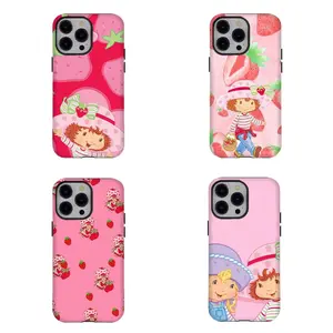 Retro Cartoon Strawberry Shortcake Phone Case Vibrant Pink Strawberry Pattern Shockproof Cover Compatible for iPhone 17 Promax 16 15 14 13 12 11 and for Samsung Galaxy S21-S25 Perfect Gift for Her/Him Cute Phone Cases