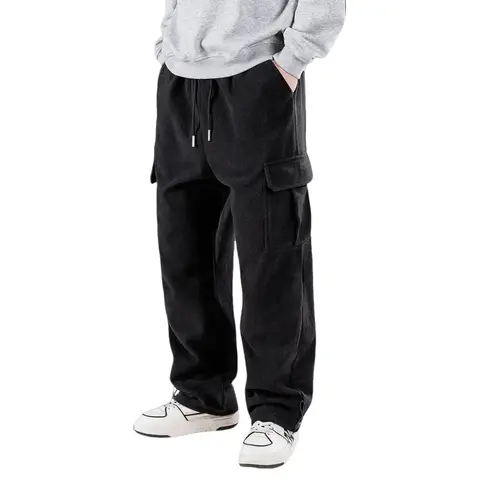 Men's Soft Fleece Cargo Sweatpants - Simple, Casual, Warm Streetwear Bottoms with Mid Waist, Adjustable Drawstring Elastic Waist, Multi-Pocket Loose Fit, Straight Cuffed Full-Length Plain Look for Fall Winter Daily Use