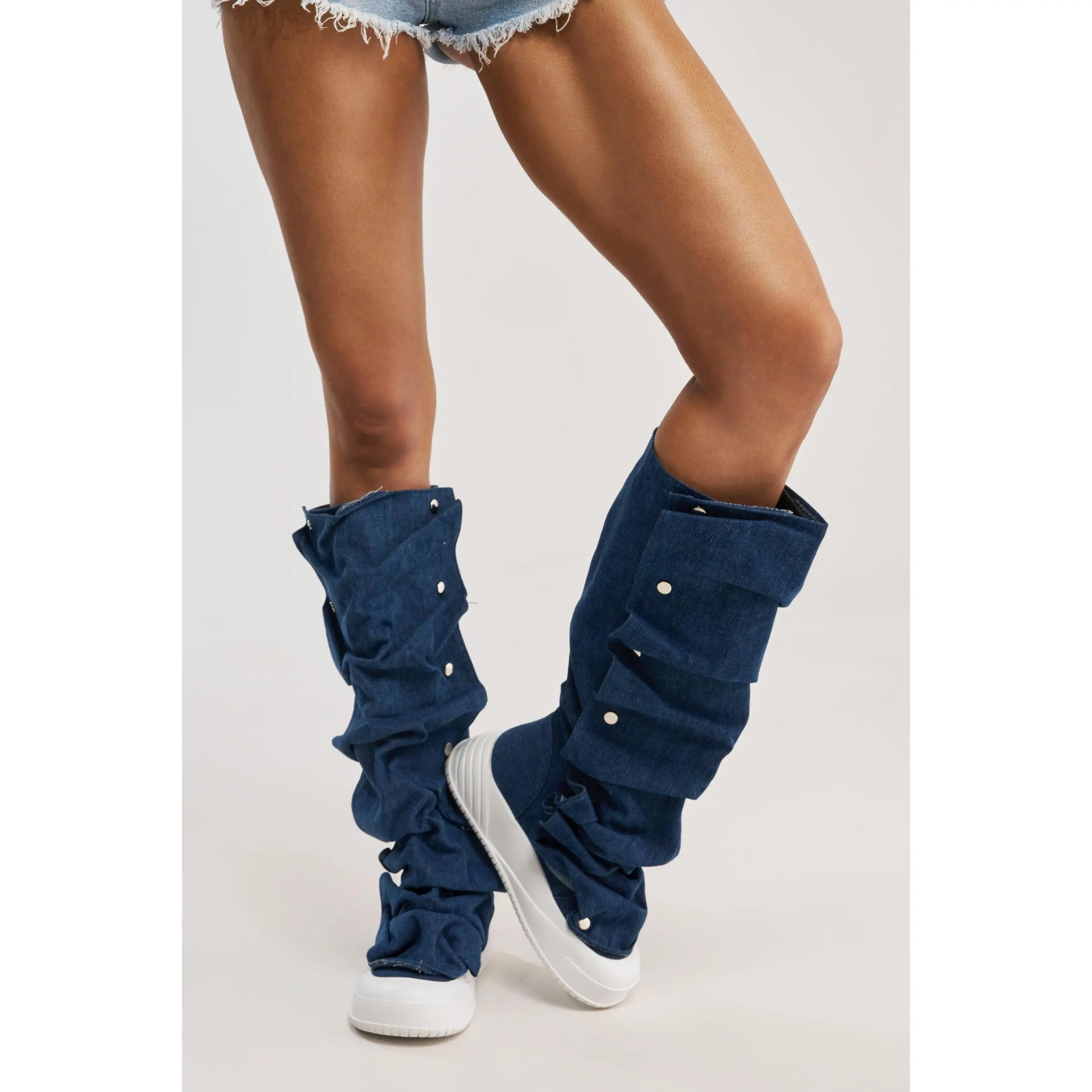 AKIRA GOLD ALIXY DENIM FLAT RUFFLE BOOT