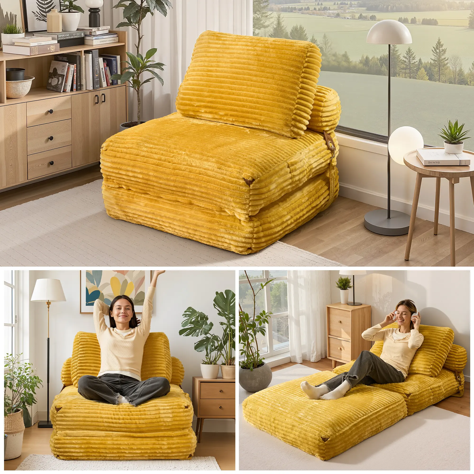 XIZZI Modern Upholstered Convertible Folding Sofa Bed, Corduroy Sectional Sleeper Couch with Upgraded Padding, Soft Pillow, Mattress, Functional Chaise Lounge, No Assembly Required for Living Room, Modern Upholstered Sofa