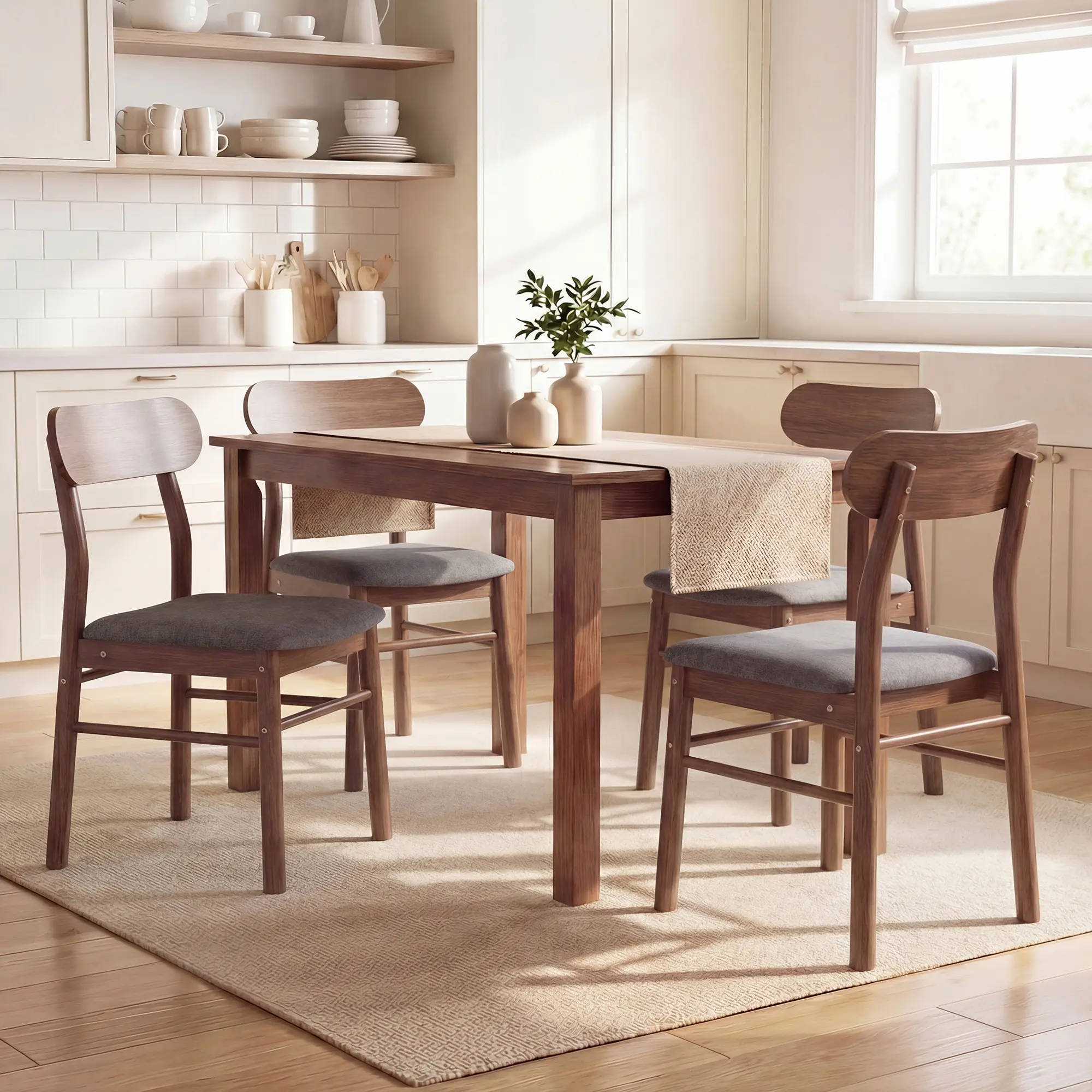 HOMCOM Dining Chairs Set of 4, Upholstered Solid Wood Kitchen Chairs, Mid-Century Modern Dining Room Chairs with Ergonomic Curved Backrest, Gray