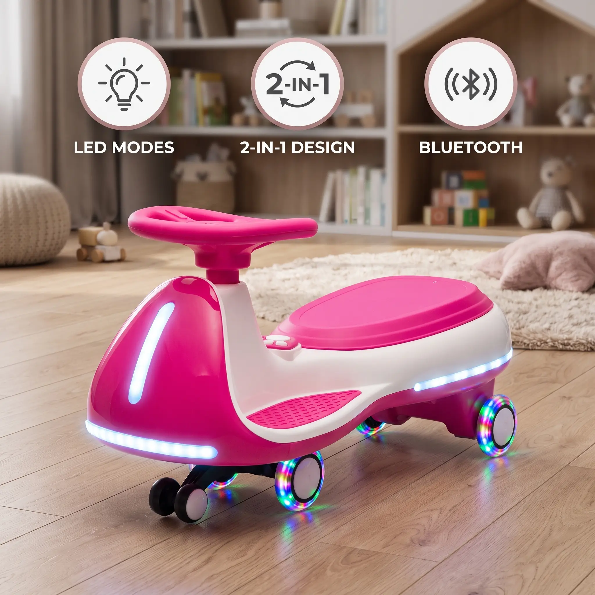 12V Kids Ride On Wiggler Car, Electric Pedal Twist Car for Toddlers with Bluetooth Music, LED Lights, Wide Auxiliary Wheels Triangle Stability Car Ages 3 to 8,wiggler ideon car,Tricycle,Rechargeable,Wiggle Car,with Bell,Car with Pedal, Battery-Powered