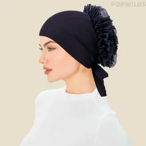 Female Everyday Elegant Floral Lace Turban Hat - Mercerized Cotton Mesh Beanie, Solid Color with Large Flower, Breathable Full Coverage for Chemo & Modest Fashion, Multi-Purpose Head Scarf