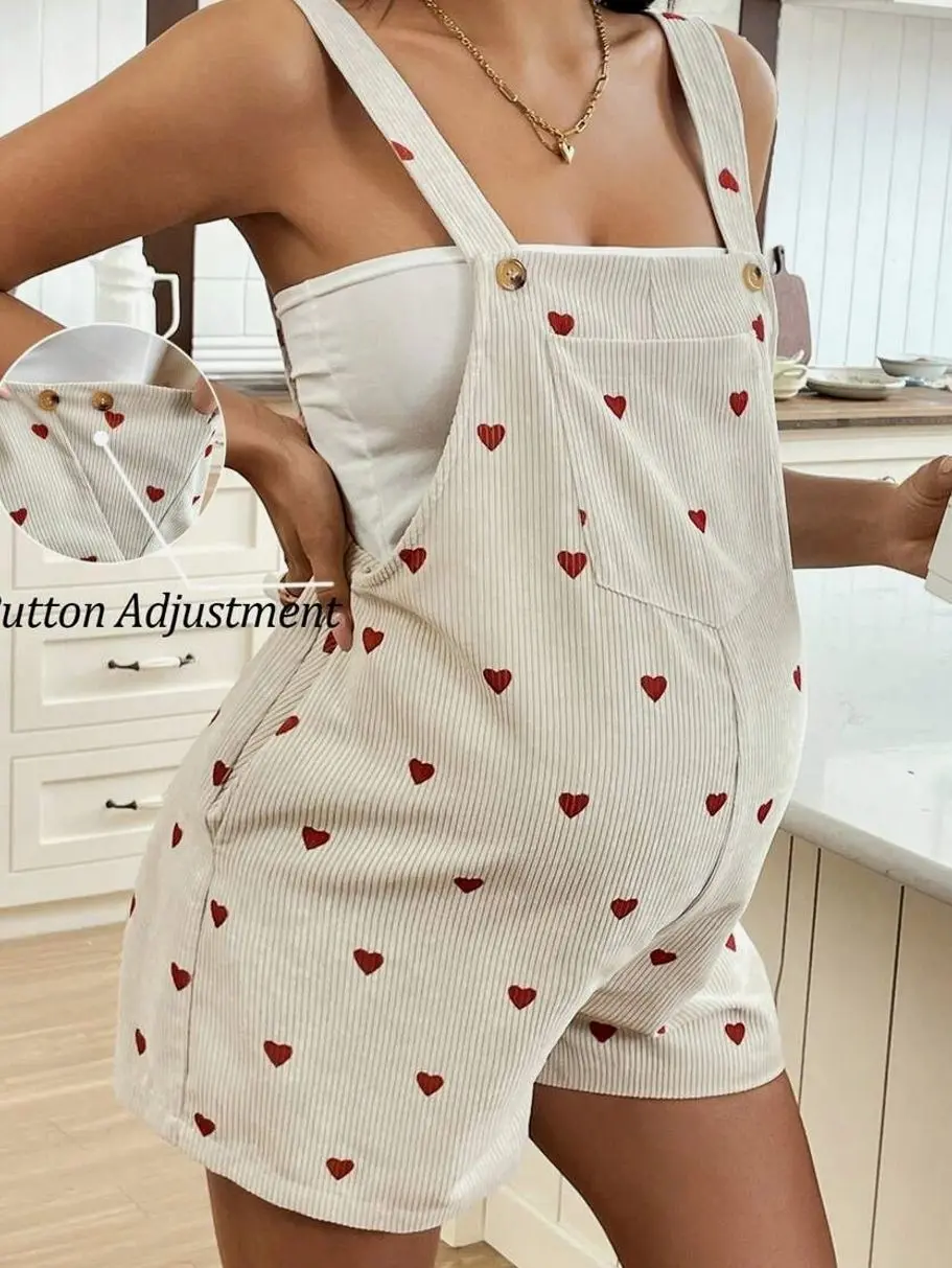 Maternity Corduroy Overalls Heart Print Adjustable Straps Pregnancy Jumpsuit Casual Cute Outfit