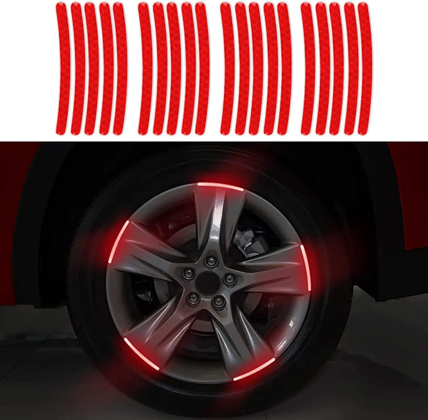 20PCS Stick-On Car Wheel Reflective Decorative Strips, Night Safety Visibility Warning Stickers, Anti-Scratch Rim Decals for Cars, Motorcycles, Automotive Exterior Tire Rim Accessories