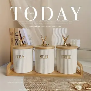 Luxury Deer-Top Ceramic Sealed Jars Set, Moisture-Proof Tea Coffee Storage Containers, High-Aesthetic Candy Jar, Perfect for Kitchen Parties Weddings Decor, Sealed Food Jars